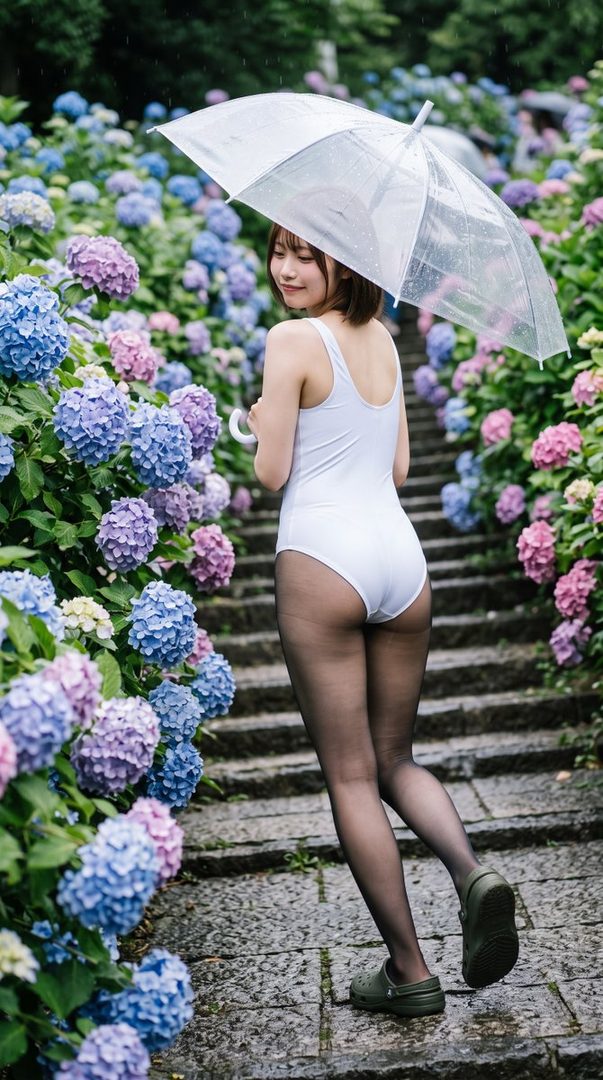 A young woman in a white swimsuit and black tights holds a clear umbrella while walking up stone steps surrounded by vibrant blue and purple hydrangeas in the rain.