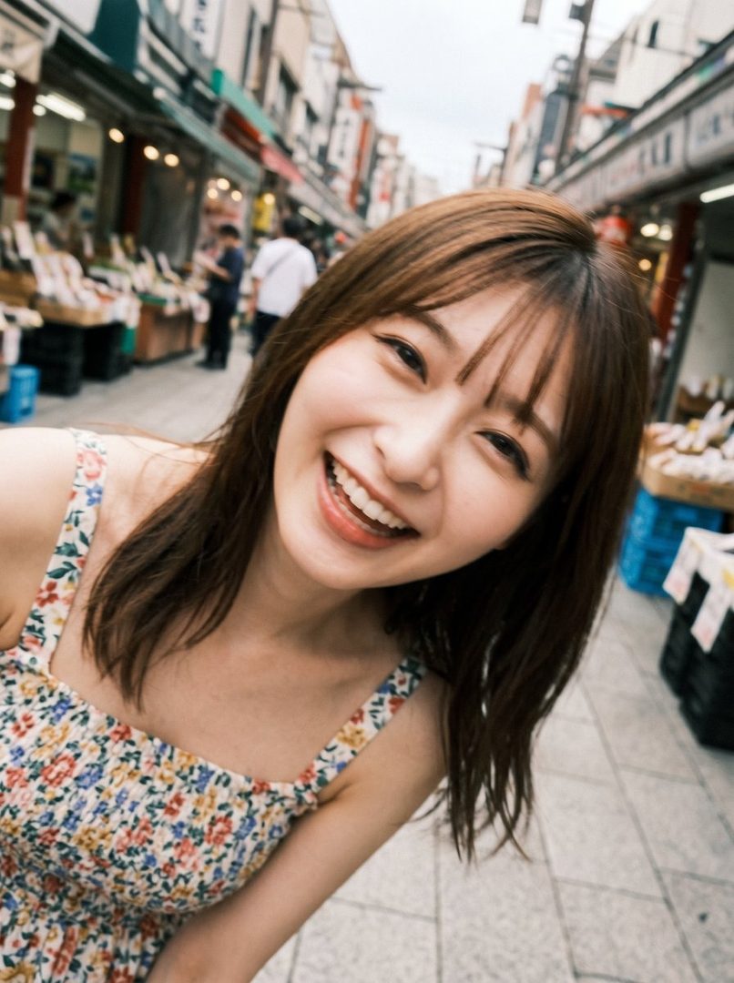 A smiling young woman with brown hair and bangs wears a floral dress while walking down a bustling street market.