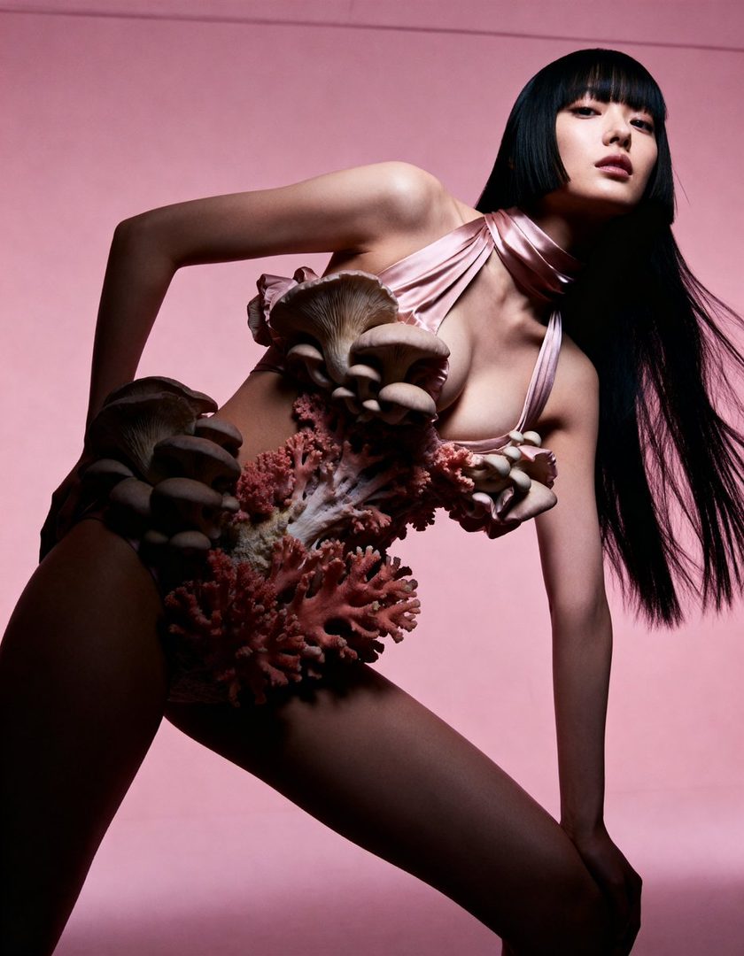 A woman with long black hair and bangs poses in a studio, wearing a unique outfit adorned with mushrooms and coral against a pink background.