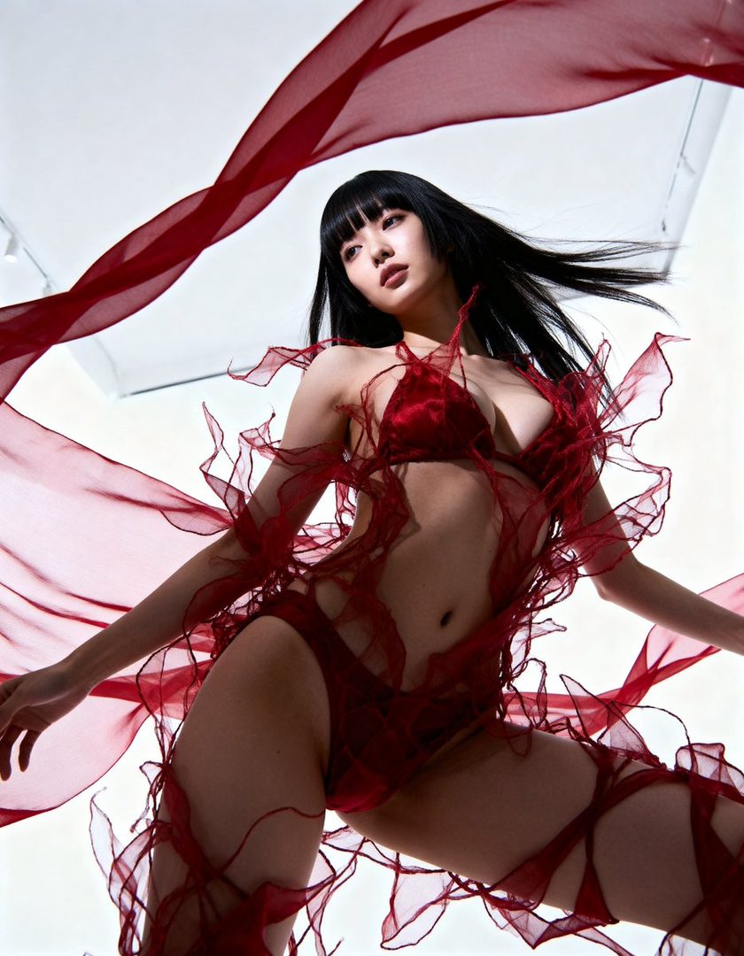 A woman with long black hair and bangs poses in red sheer lingerie with flowing fabric in a studio setting.