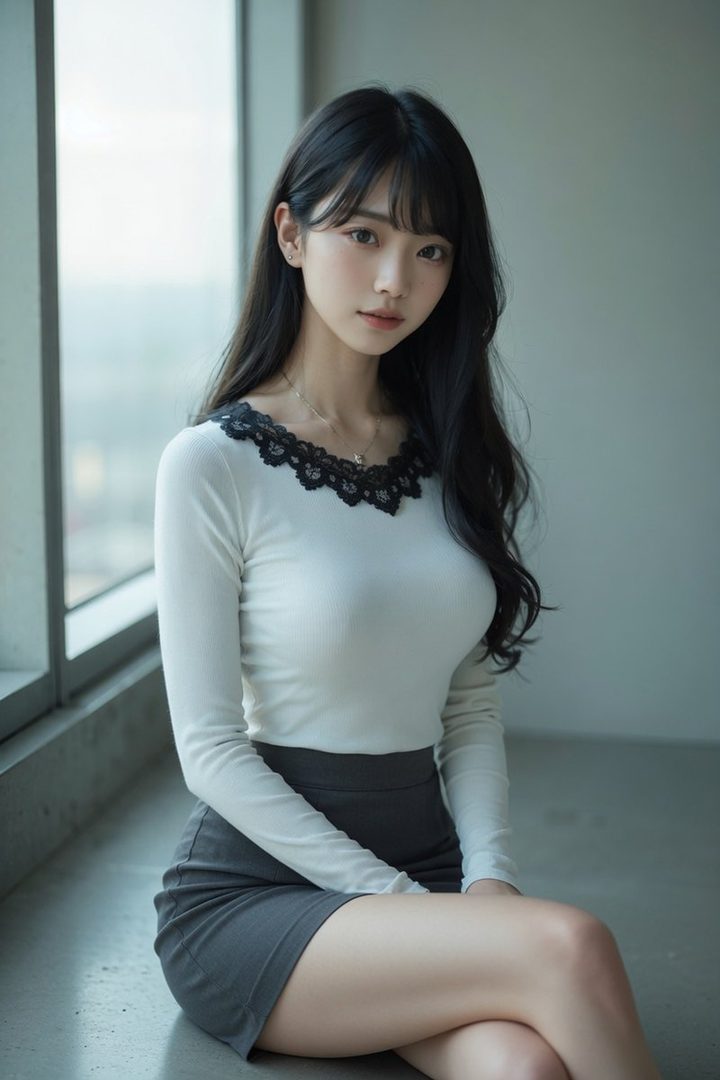 A young woman with long black hair and bangs, wearing a white long-sleeved top with black lace trim and a gray skirt, sits indoors by a window.