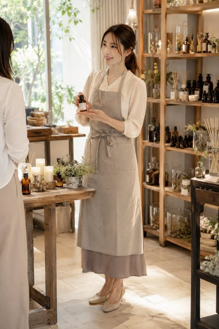 A young woman wearing an apron is showing a small bottle to a customer in an aromatherapy shop.