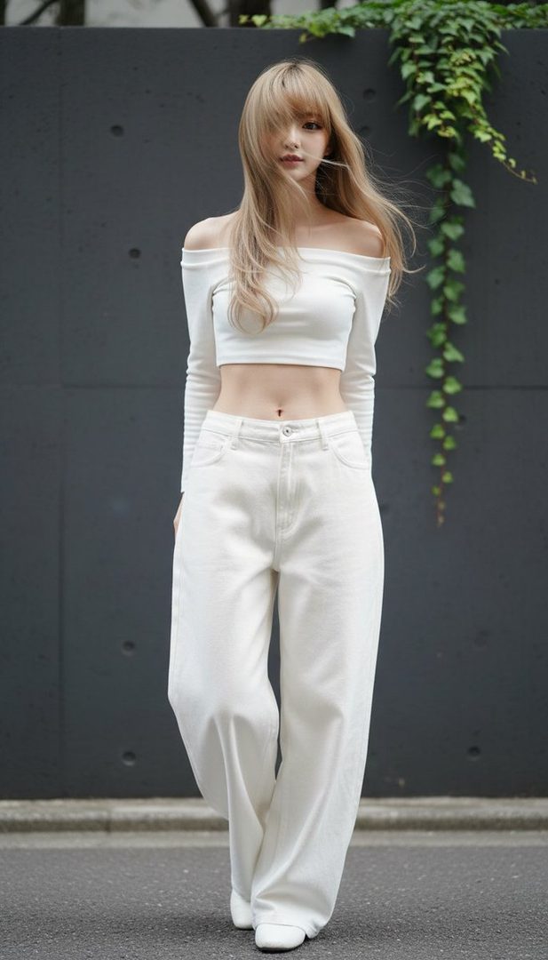 A woman with long blonde hair wears a white off-shoulder crop top and white wide-leg jeans, standing on a street with a dark wall and ivy in the background.