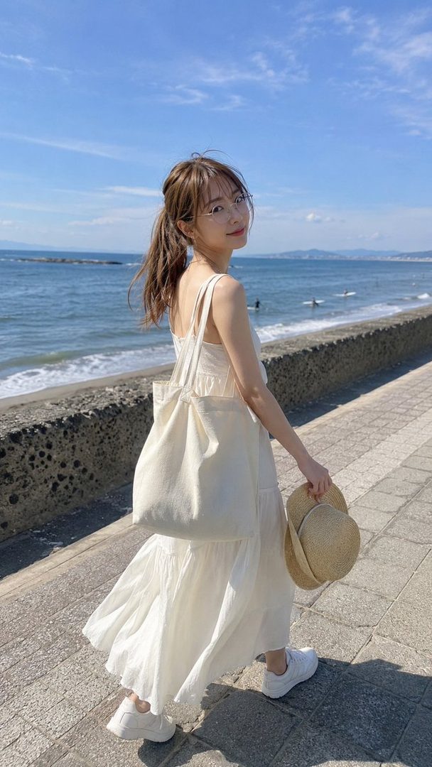 A young woman in a white dress and glasses looks back at the camera while walking along a beach promenade on a sunny day.