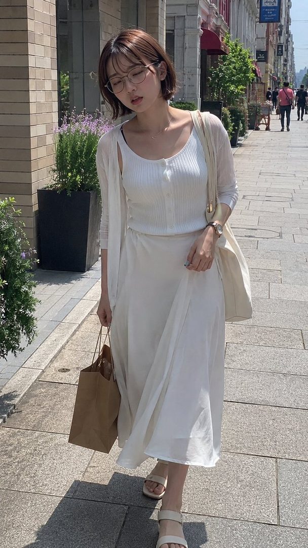 A young woman with short brown hair and glasses walks down a city street in a white dress and cardigan, carrying a paper bag.