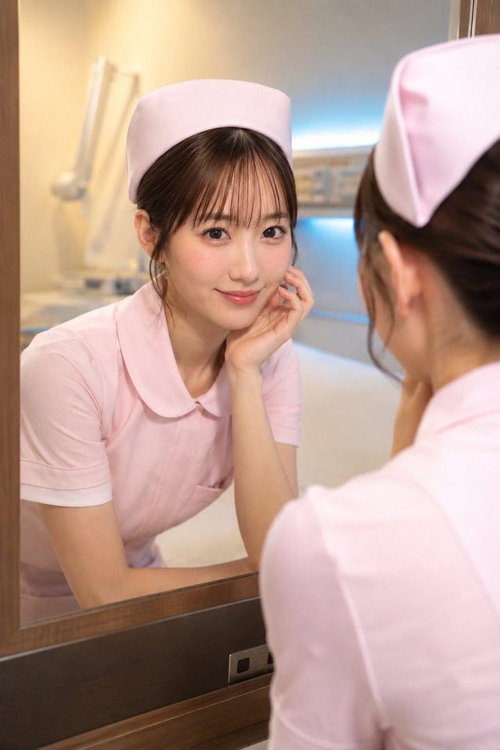 A young woman in a pink nurse uniform and cap smiles while looking at her reflection in a mirror.