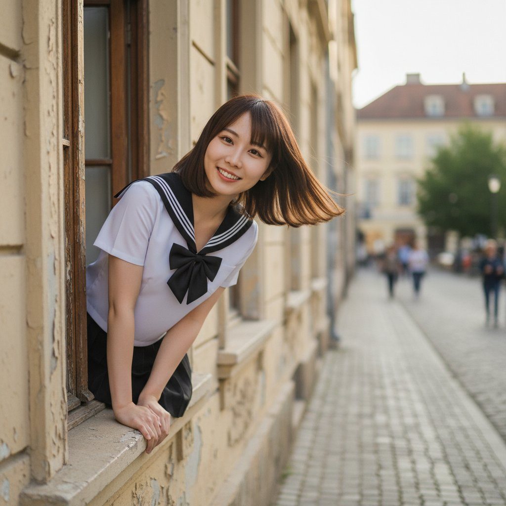 A smiling young woman in a school uniform leans out of a window overlooking a European-style street.