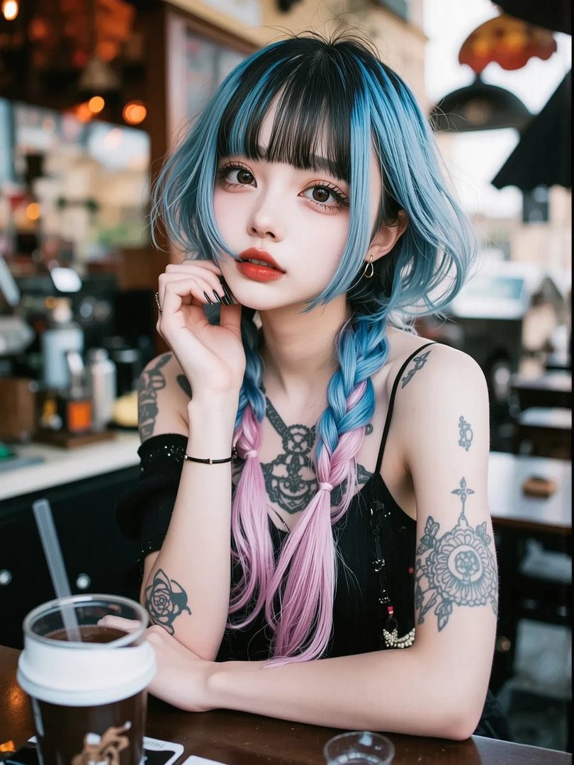 A young woman with blue and pink braided hair and tattoos sits at a cafe table with a drink.