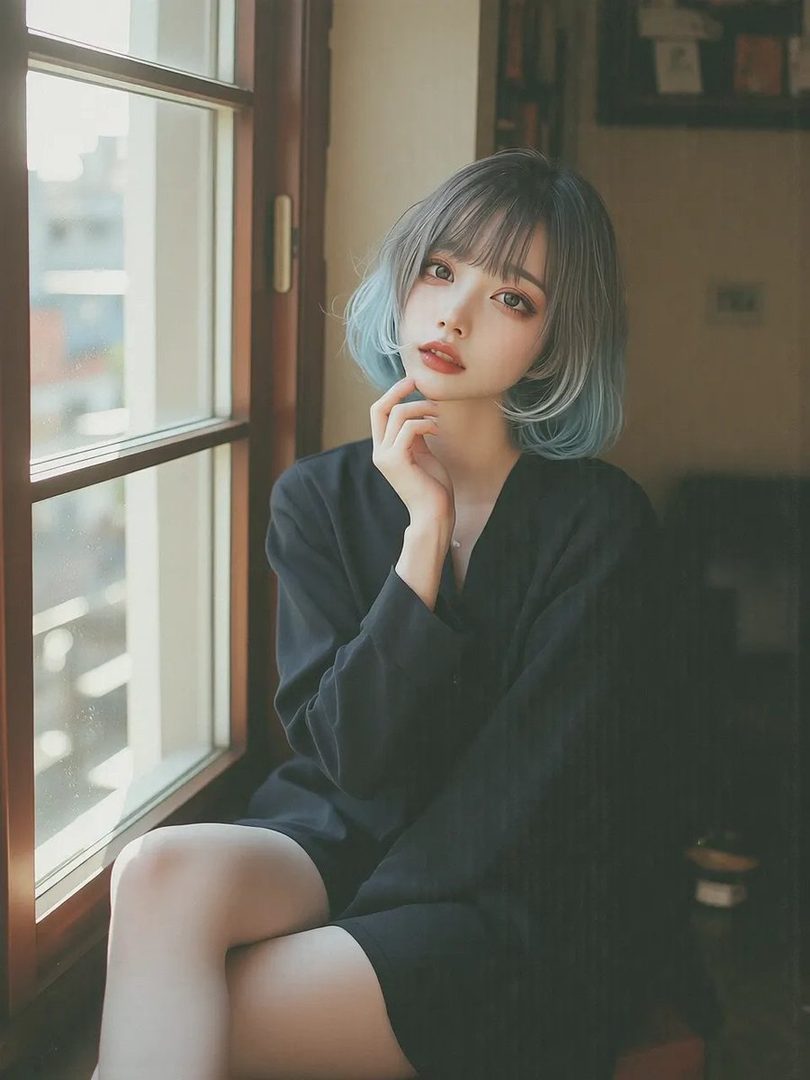 A young woman with blue-tipped bob hair and bangs sits by a window, looking thoughtfully at the viewer.