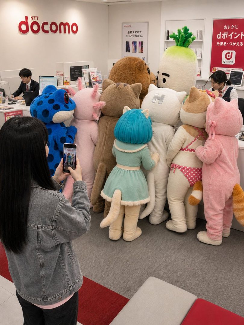A person with long black hair wearing a denim jacket takes a photo of several mascots in an NTT Docomo store.