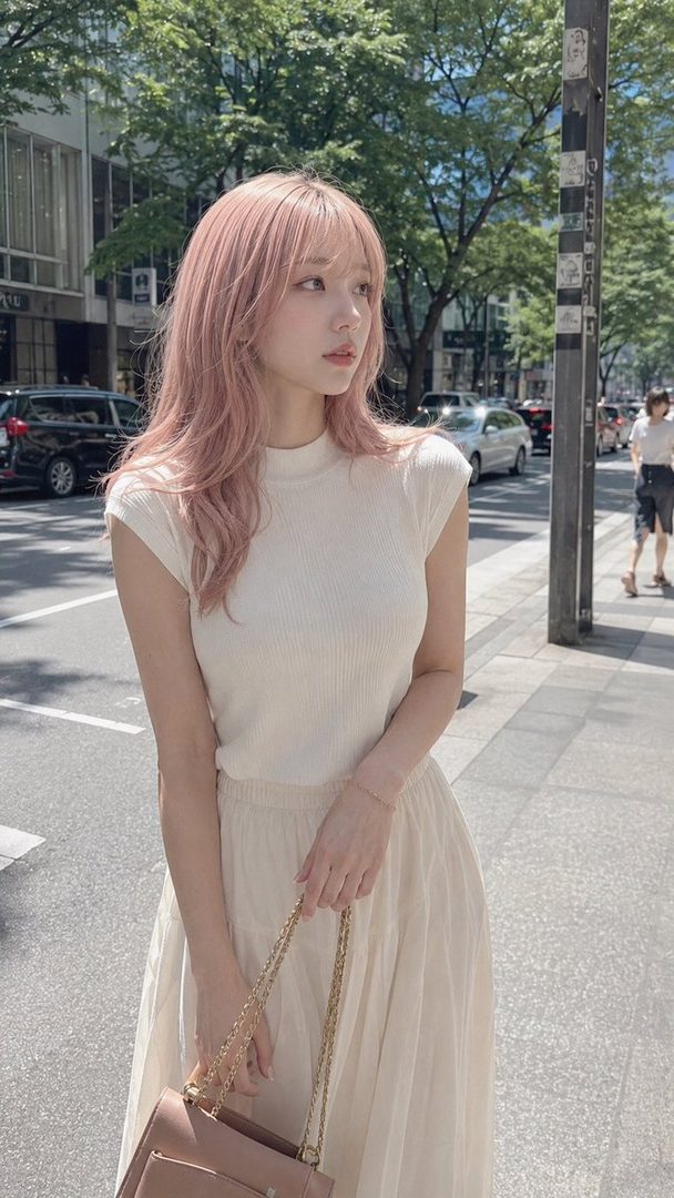 A young woman with pink hair and a light-colored outfit stands on a city street during the daytime.