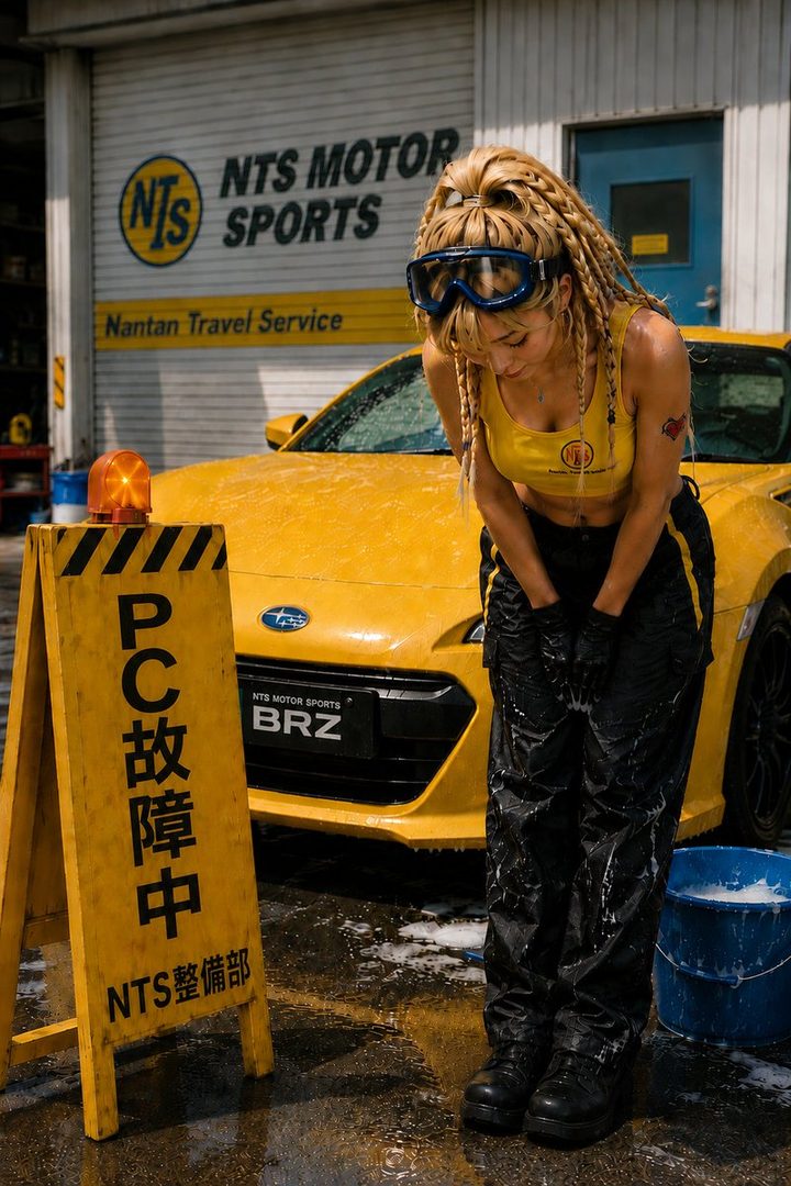 A woman with blonde braided hair and goggles bows in front of a yellow sports car at a garage.