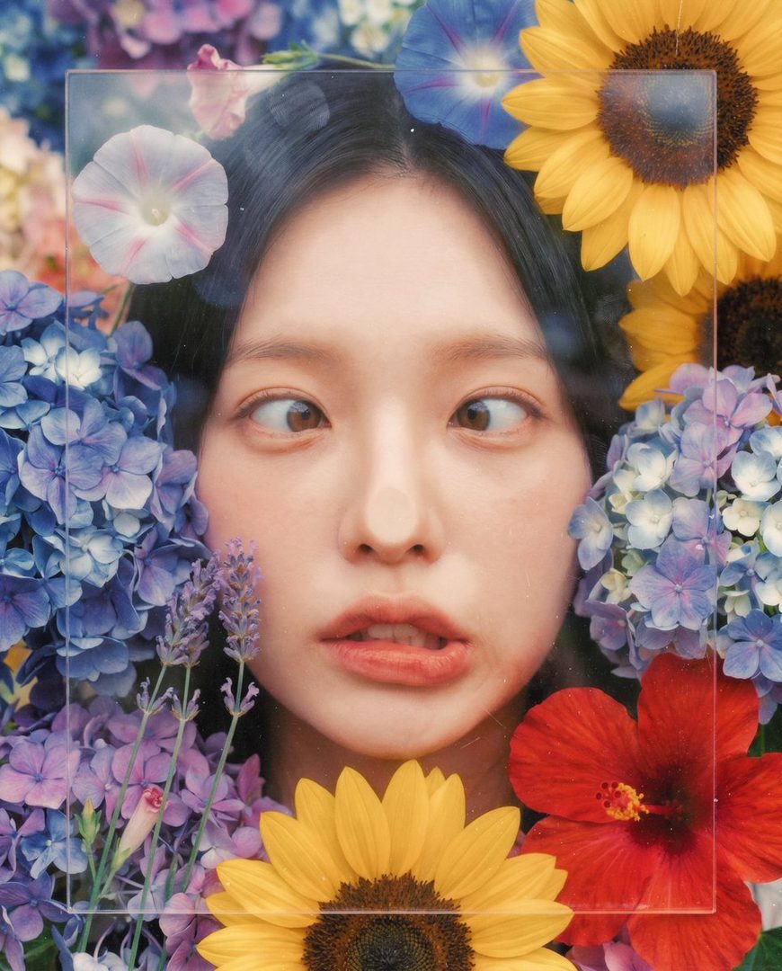 A photorealistic portrait of a young woman with black hair, making a funny face, surrounded by colorful flowers like sunflowers, hydrangeas, and lavender, with a clear pane of glass in front of her.