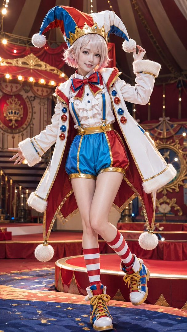A young woman in a colorful jester costume with a crown and a jester hat poses in a circus tent.