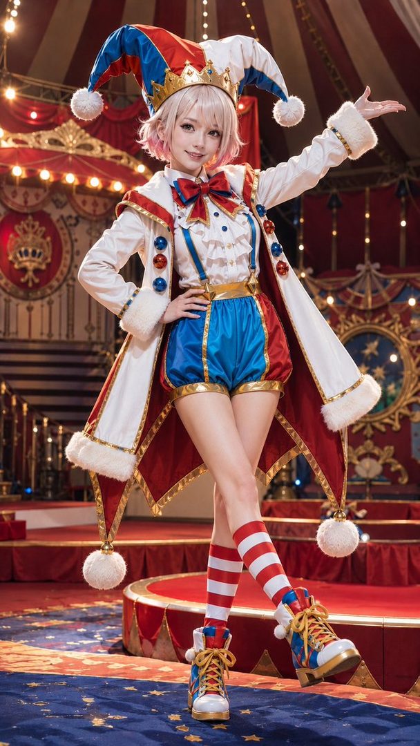 A young woman in a colorful jester or clown costume with pink hair poses in a circus-like setting.