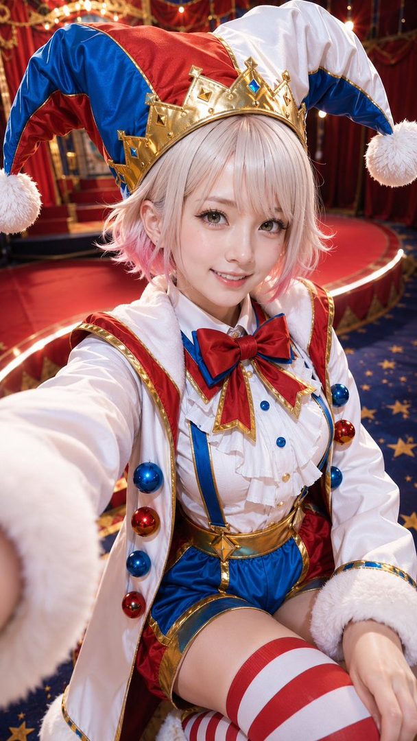 A cute AI-generated girl in a jester costume with a red, white, and blue hat and striped stockings takes a selfie.