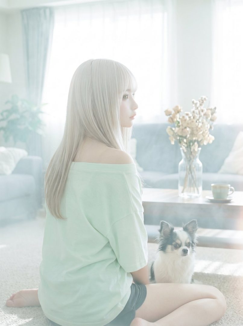 A woman with long platinum blonde hair sits on the floor in a bright living room with a small dog beside her, looking out of frame.