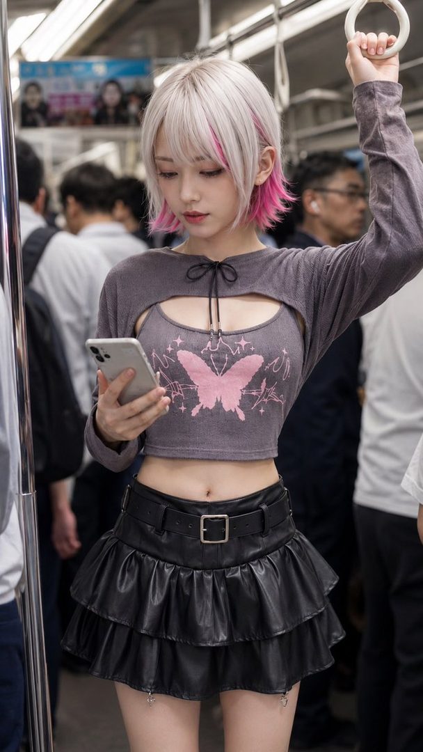 A young woman with short blonde and pink hair, wearing a crop top and a black tiered skirt, stands in a crowded train while looking at her phone.