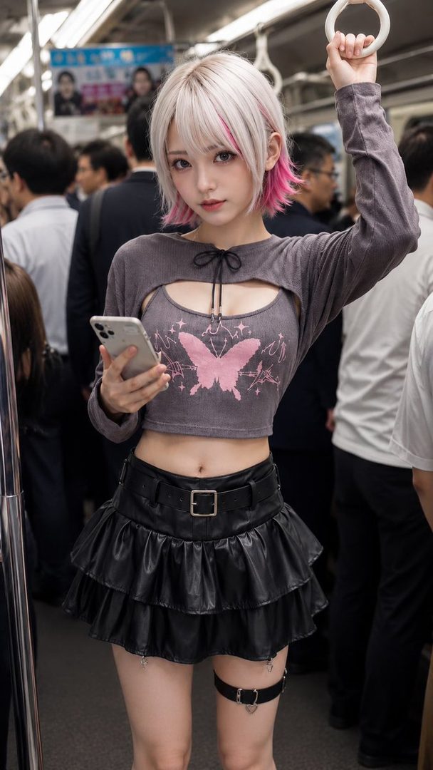 A young woman with short blonde and pink hair, wearing a crop top and black skirt, stands in a crowded train while holding onto a hand strap and looking at her phone.
