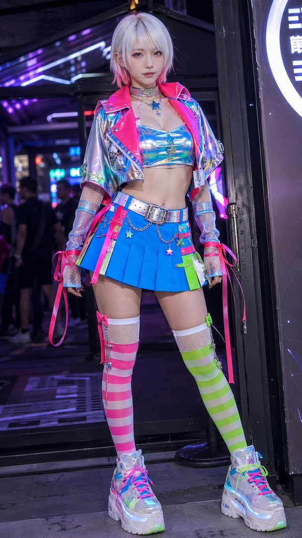 A woman with short white and pink hair wears a vibrant, futuristic outfit with a blue pleated skirt, holographic jacket, and striped socks at night.