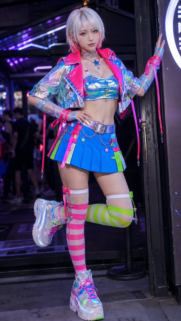 A woman with short white and pink hair wears a vibrant, iridescent outfit with a blue pleated skirt and striped socks, posing on a city street at night.