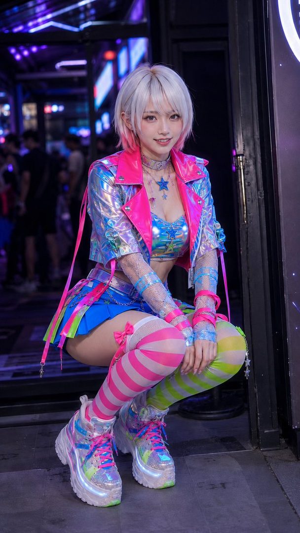 A woman with short white and pink hair, wearing a colorful iridescent jacket and skirt, kneels on a city street at night.
