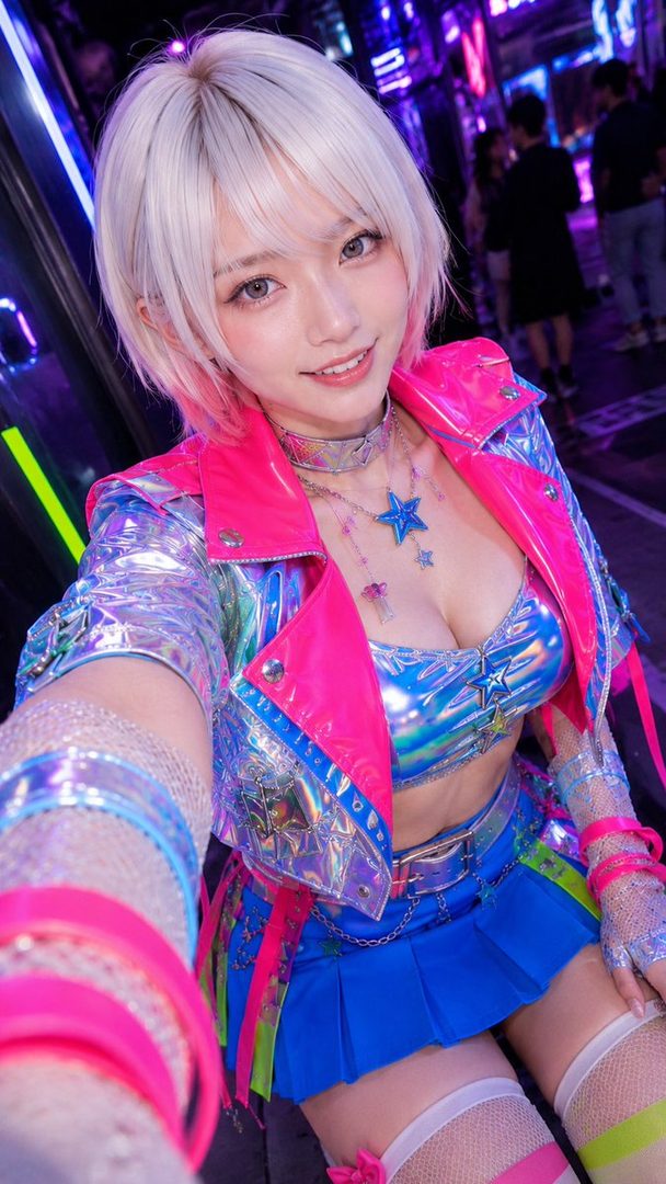 A young woman with short white hair and pink tips takes a selfie on a neon-lit street at night, wearing a shiny blue and pink outfit with a pleated skirt.