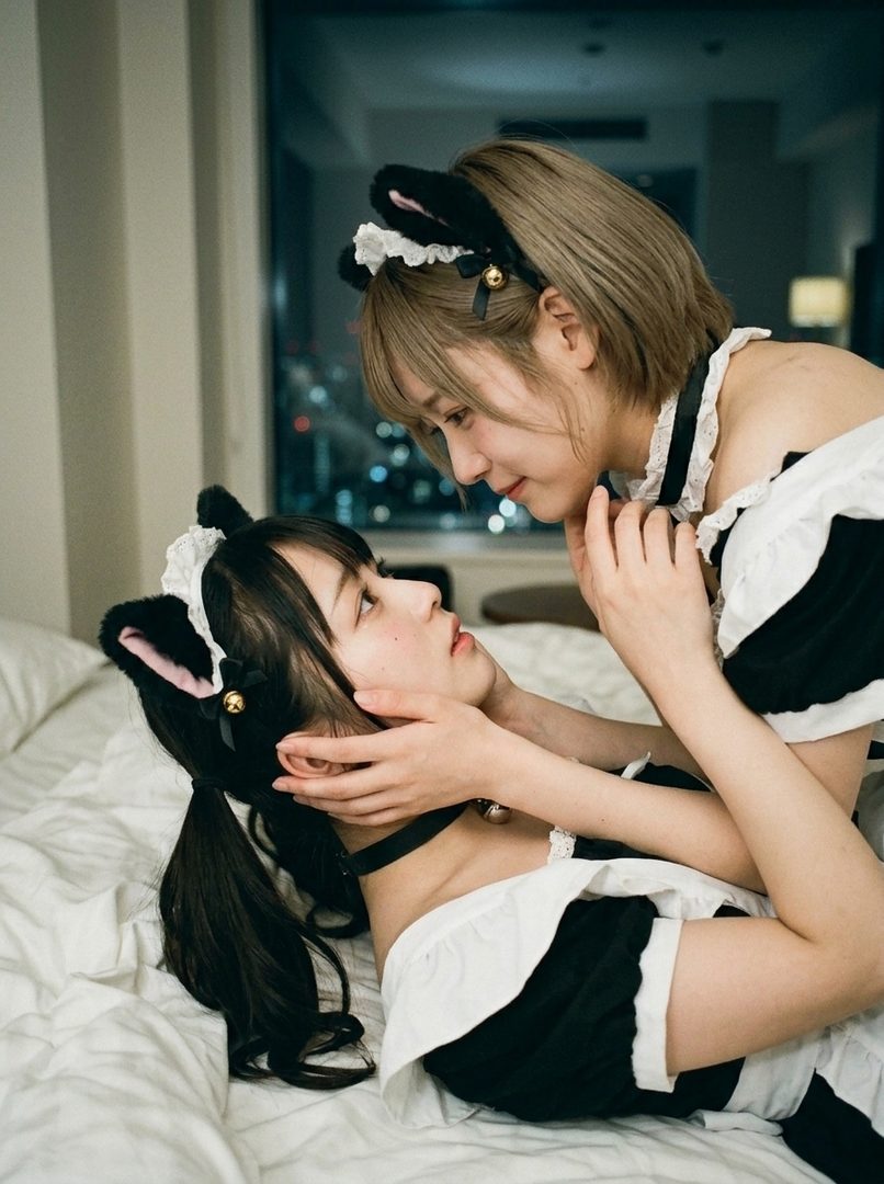 Two women in maid outfits with cat ears are intimately posed on a bed, looking at each other.