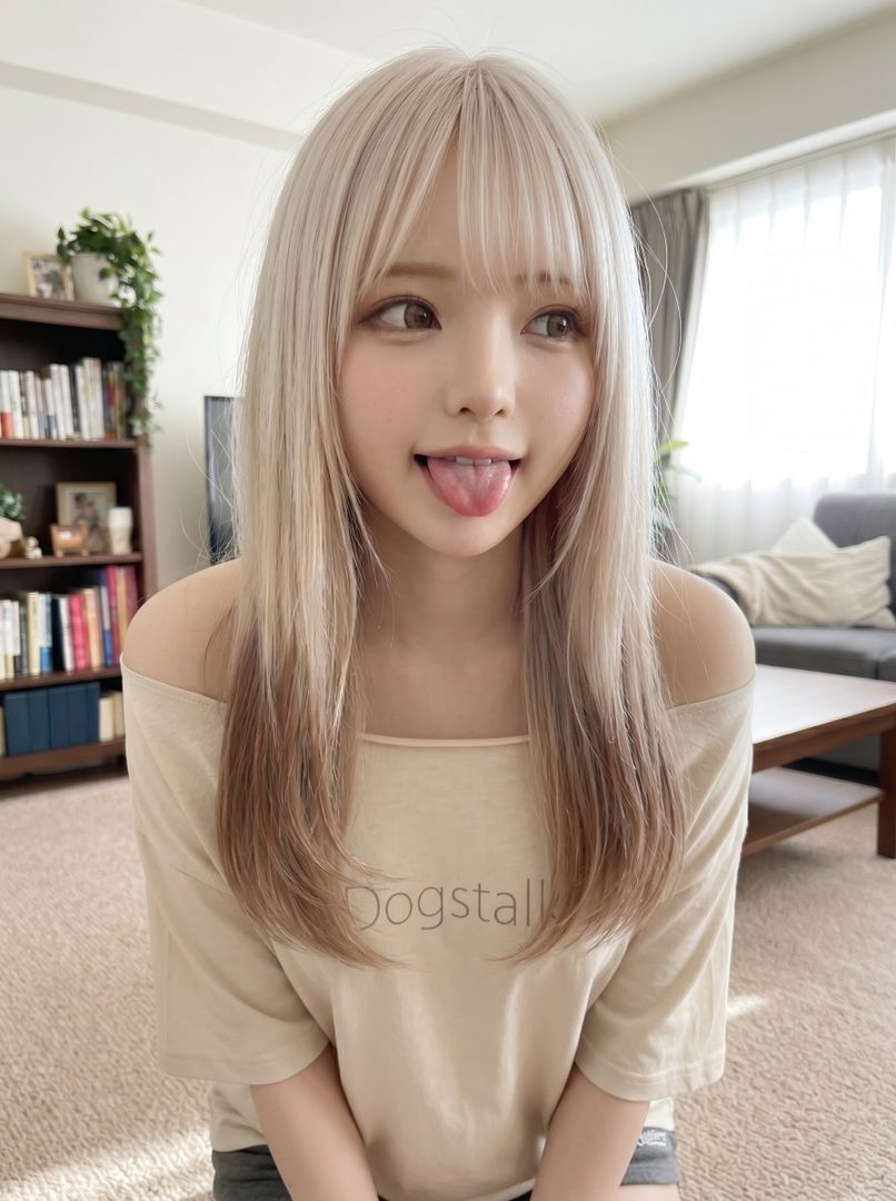 A cute blonde woman with bangs and long straight hair is sitting indoors, sticking her tongue out playfully while wearing an off-shoulder top.