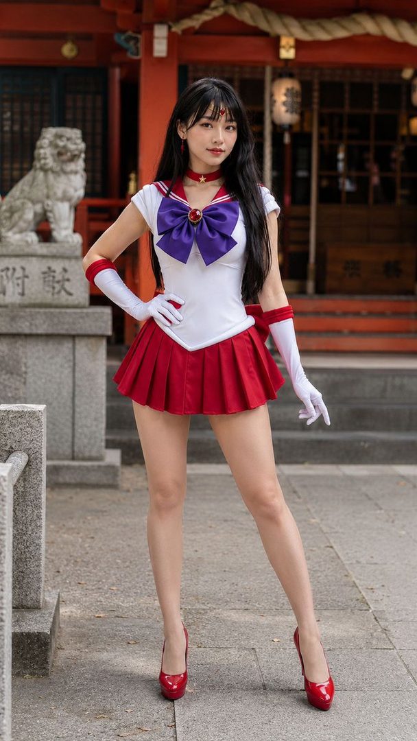 A woman in a Sailor Mars cosplay outfit stands in front of a traditional Japanese building.