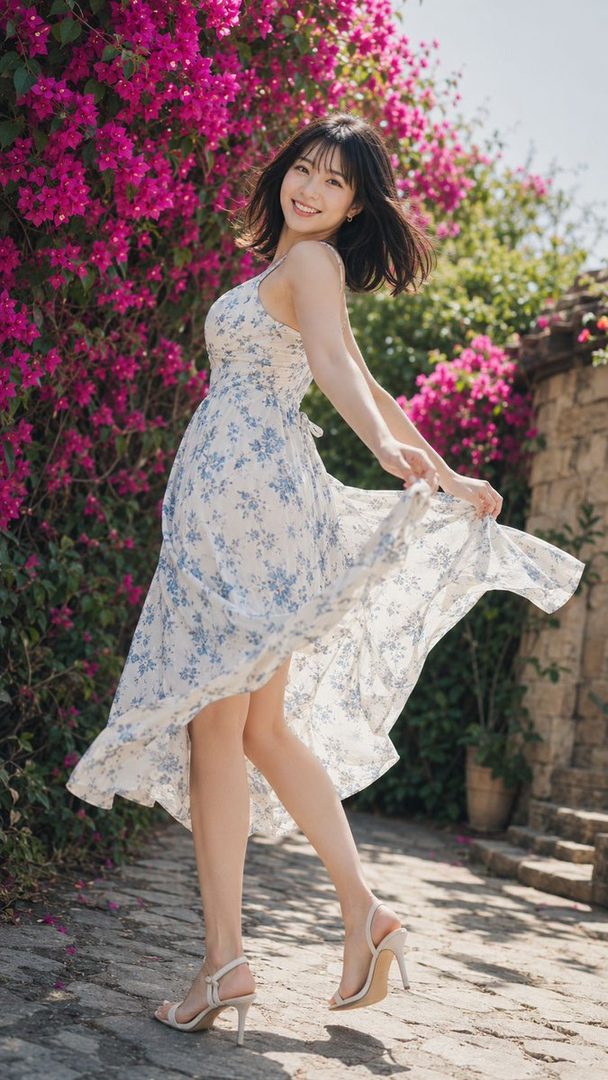 A young woman in a floral dress smiles brightly while posing outdoors with pink bougainvillea flowers in the background.