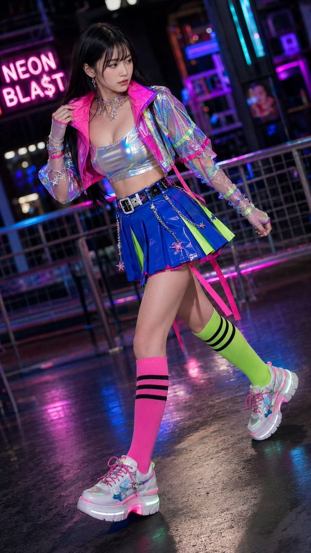 A young woman with long black hair wears a vibrant, futuristic outfit with a holographic jacket, silver crop top, blue and green pleated skirt, and mismatched neon socks, posing in a neon-lit indoor setting.