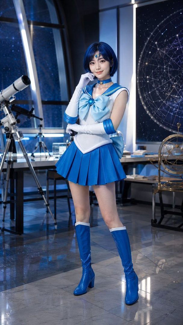 A woman in a blue and white Sailor Mercury cosplay costume stands in an indoor setting with a telescope and star charts.