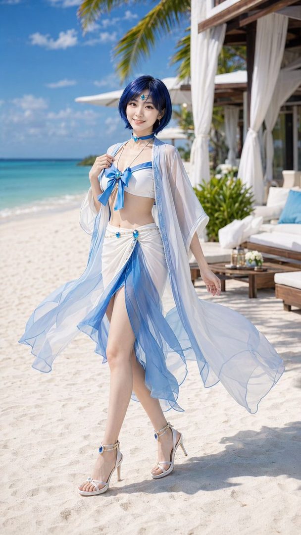 A woman with blue hair in a blue and white swimsuit and sheer cover-up walks on a sandy beach.