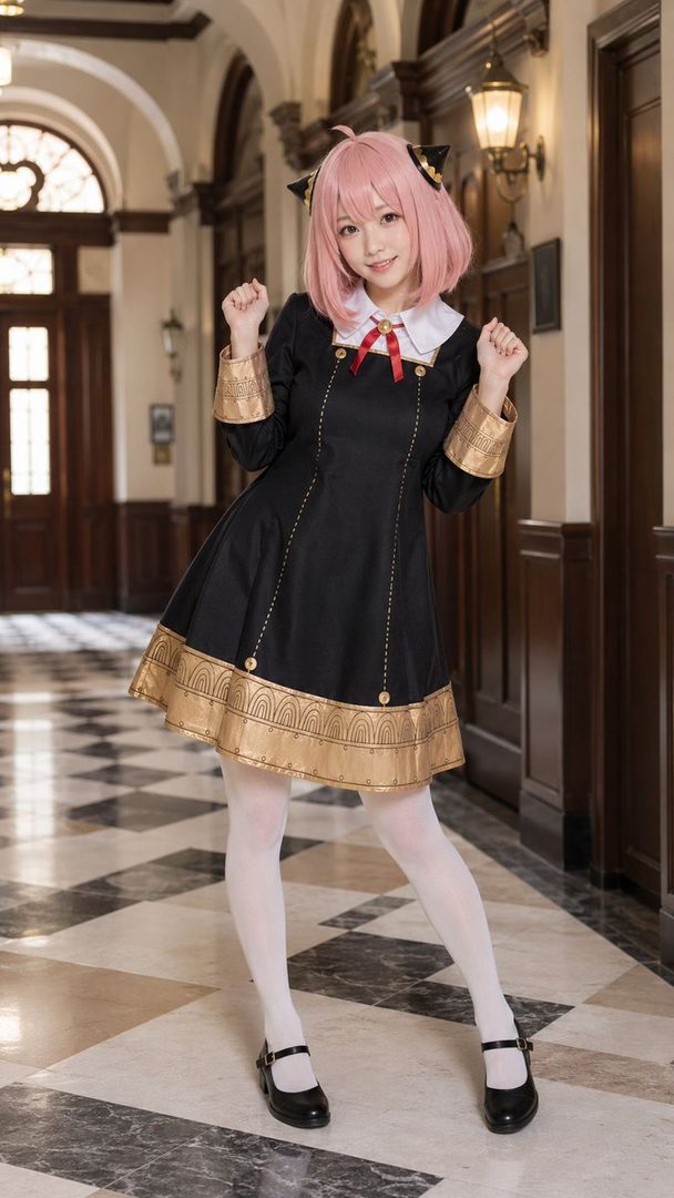 A cosplayer dressed as Anya Forger from Spy x Family, wearing a black and gold dress with white tights and Mary Jane shoes, posing indoors.