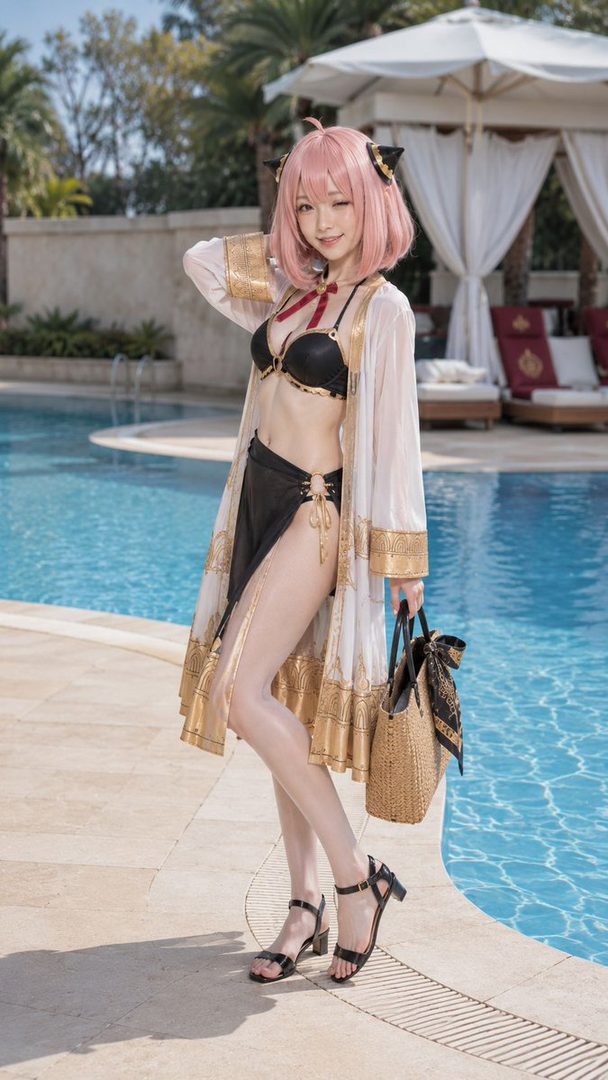 A cosplayer with pink hair and cat ears, dressed in a black bikini and a white and gold cover-up, winks playfully by a swimming pool.