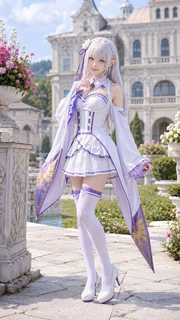 A cosplayer dressed as Emilia from Re:Zero stands outdoors in front of a grand building, wearing a white and purple dress with long silver hair.