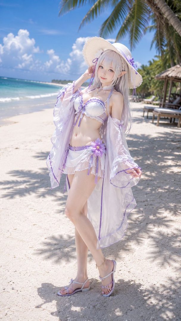 A cosplayer dressed as Emilia from Re:Zero in a purple and white swimsuit and sun hat poses on a sunny beach.