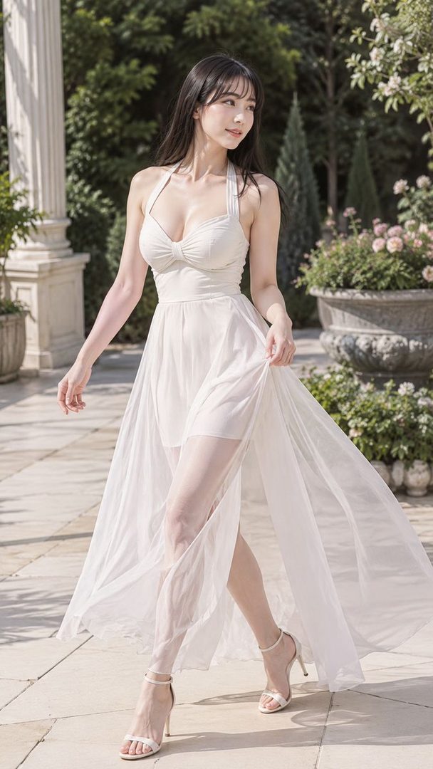 A beautiful woman with long black hair wears a flowing white dress and high heels while walking outdoors in a garden setting.
