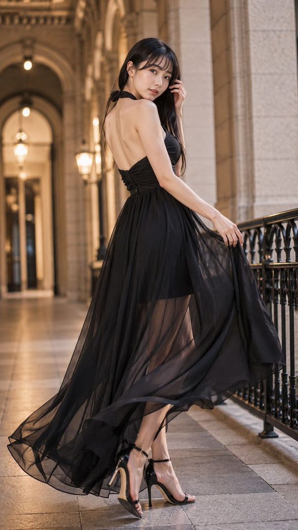 A young woman in a flowing black dress and high heels poses elegantly in an indoor corridor with arched architecture.