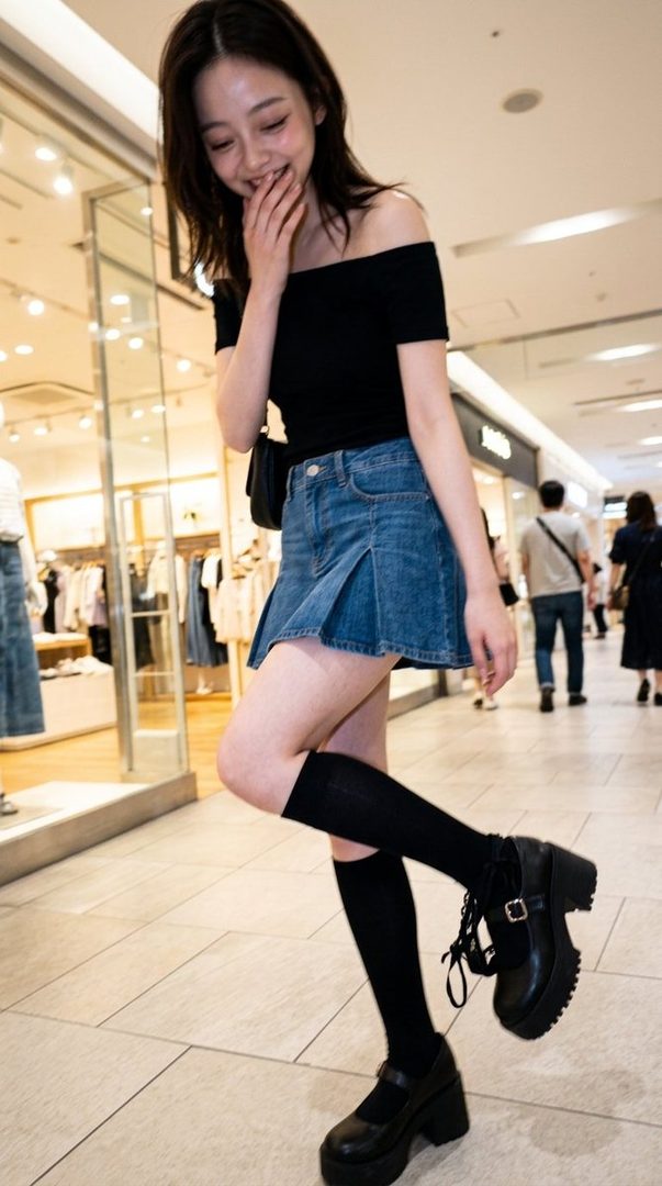A young woman in a black off-shoulder top and denim mini skirt, with knee-high socks and platform shoes, smiles shyly while covering her mouth in an indoor setting.