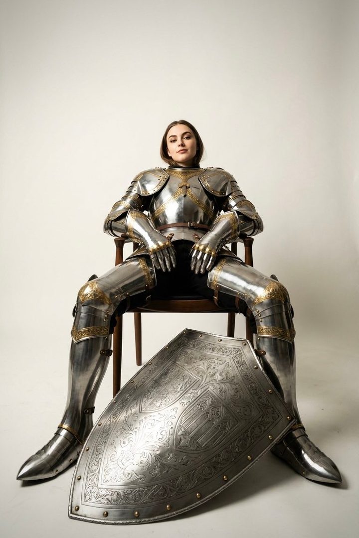 A woman in full medieval armor sits on a chair with a shield leaning against her legs in a studio setting.