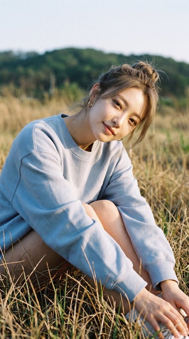 A young woman with blonde hair in a bun, wearing a light blue oversized sweater, sits in a field of dry grass during golden hour, looking at the camera with a gentle smile.