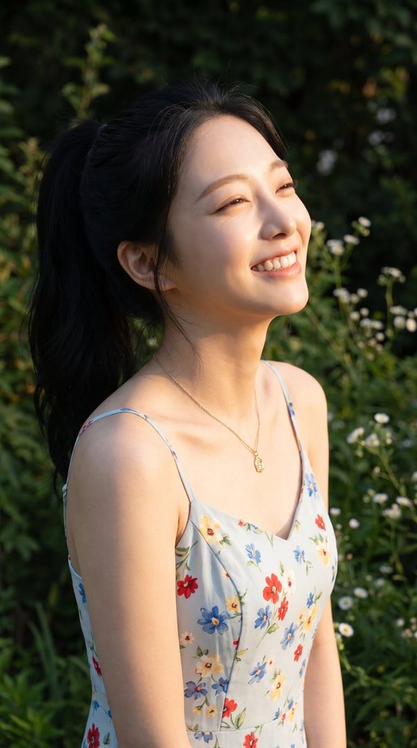 A young woman with black hair in a ponytail smiles brightly while looking up, wearing a floral dress during golden hour outdoors.