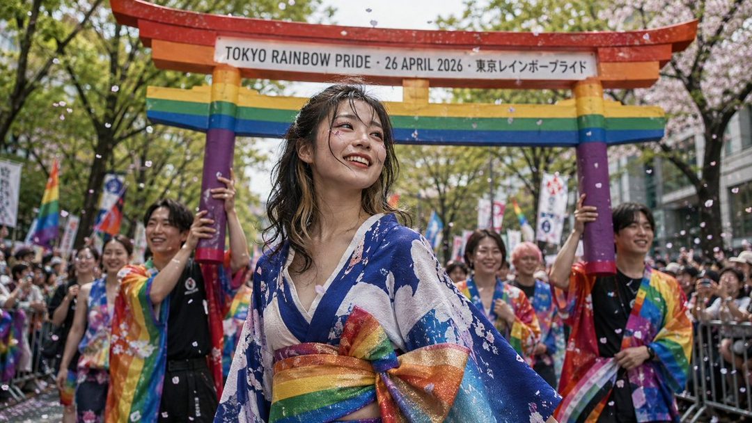 A young woman in a blue and white kimono with a rainbow obi smiles brightly during a Tokyo Rainbow Pride parade, with a rainbow torii gate in the background.