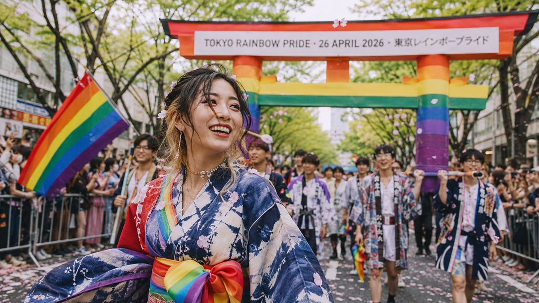 A young woman in a colorful kimono smiles brightly during a Tokyo Rainbow Pride parade, with a rainbow torii gate in the background.
