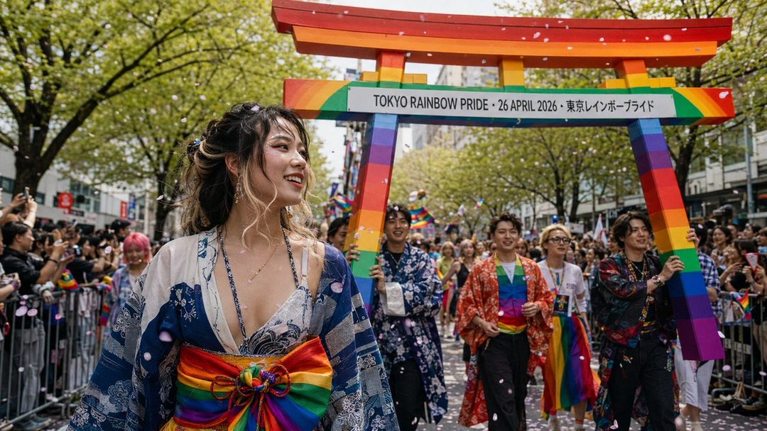 A young woman in a kimono with a rainbow obi smiles during a Tokyo Rainbow Pride parade, with confetti falling around her and a rainbow torii gate in the background.