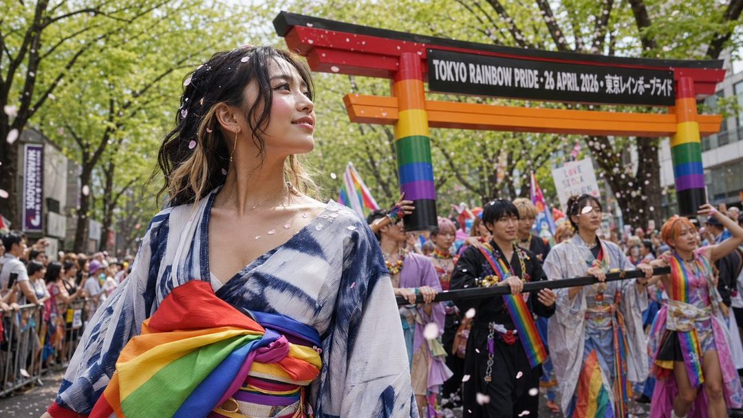 A woman in a blue and white kimono with a rainbow obi smiles during a parade with cherry blossoms falling around her, with a Tokyo Rainbow Pride gate in the background.
