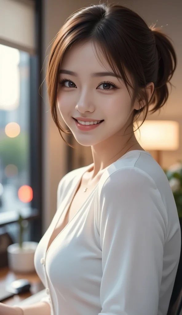 A smiling woman with brown hair in a ponytail wears a white blouse, sitting indoors during golden hour.
