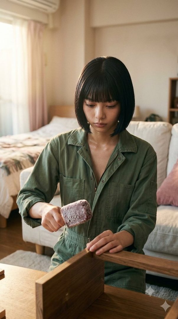 A young woman with short black hair and bangs is assembling wooden furniture indoors, holding a red bean ice pop as a makeshift hammer.